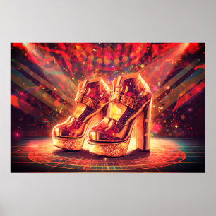 Retro Stijl 1970s Gouden Stapel Disco Schoenen op Poster
