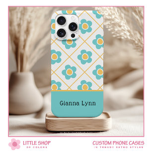 Retro stijl aqua geel bloemmotief monogram iPhone 15 case