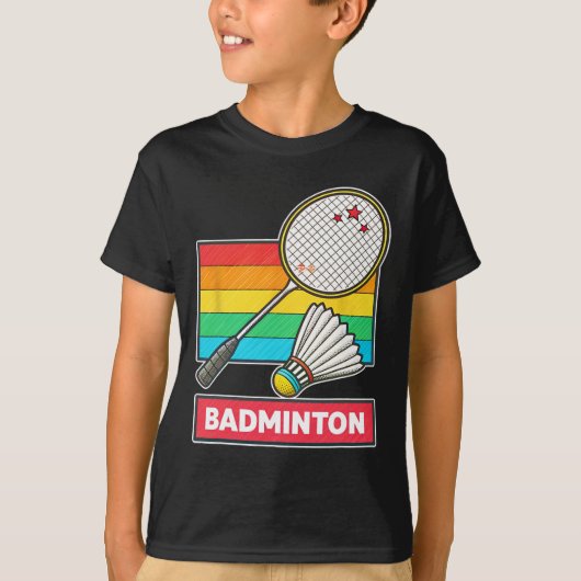 Retro stijl badminton racket en shuttle t-shirt (Voorkant)