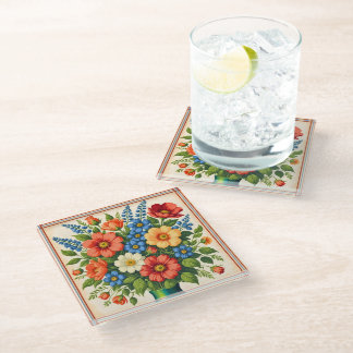 Retro stijl bloemboeket | Glas coaster Glazen Onderzetter