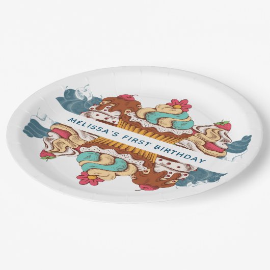 Retro Stijl Cupcakes Zoet Dessert 1e Verjaardag Papieren Bordje (Gekanteld)