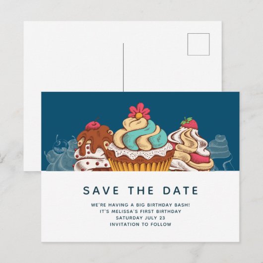 Retro stijl cupcakes zoete dessert save the date briefkaart (Voorkant / Achterkant)