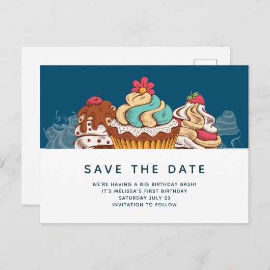 Retro Stijl Cupcakes Zoete Dessert Sla de Datum Op Briefkaart (Voorkant / Achterkant)