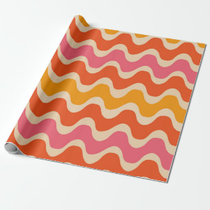 Retro stijl golvenpatroon in roze, oranje en rood  cadeaupapier