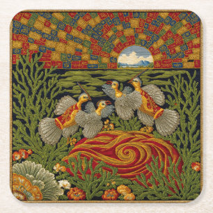 Retro Stijl Groene Tapijt Exotische Vogels Kartonnen Onderzetters