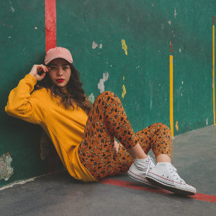 Retro Stijl Halloween Afbeeldingen Oranje en Zwart Leggings