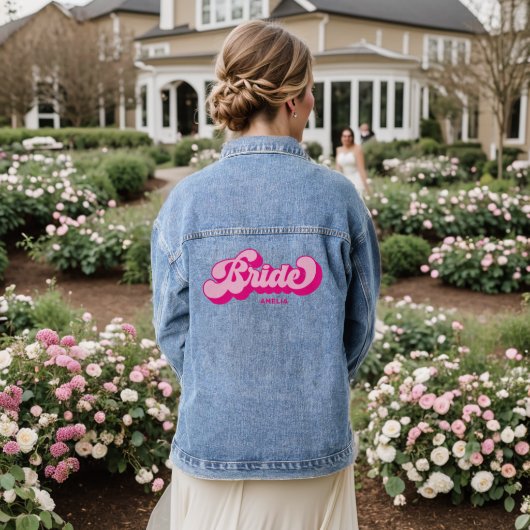 Retro stijl hete roze bruid vrijgezellenfeest denim jacket (Huwelijk Achterkant)