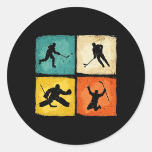 Retro stijl hockeyliefhebber spelende mannen vrouw ronde sticker