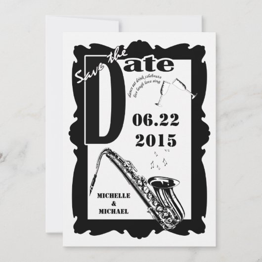 Retro stijl Jazz Bewaar de datum Zwart Wit 2 Save The Date (Voorkant)