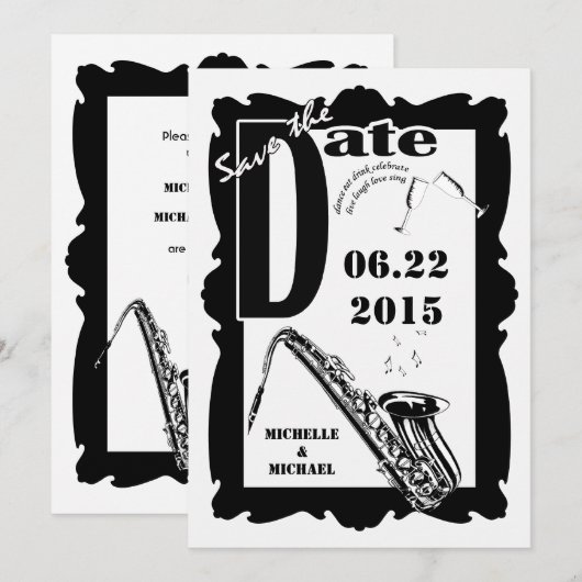 Retro stijl Jazz Bewaar de datum Zwart Wit 2 Save The Date (Voorkant / Achterkant)