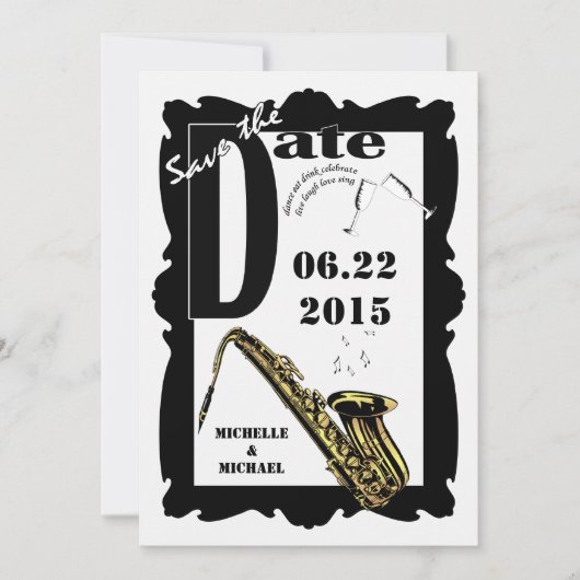 Retro Stijl Jazz Bewaar de Datum Zwart Wit 3 Save The Date (Voorkant)