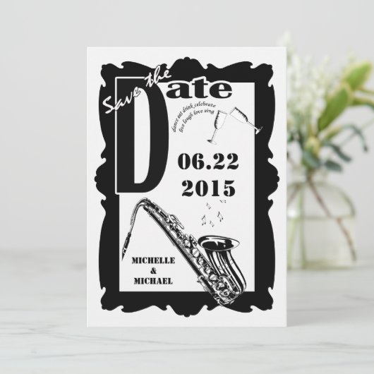 Retro stijl Jazz Save the Date Zwart Wit 2 Kaart (Staand voorkant)