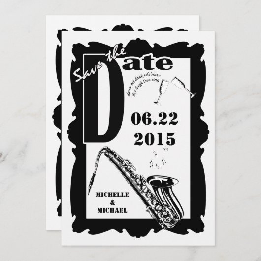Retro stijl Jazz Save the Date Zwart Wit 2 Kaart (Voorkant / Achterkant)