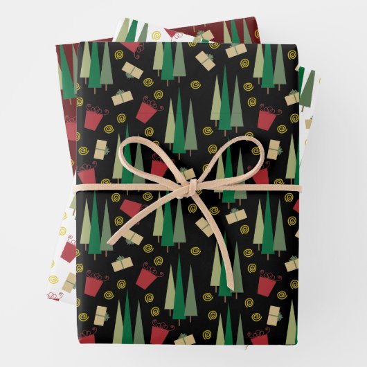 Retro Stijl Kerstboom en Giftpatroon Inpakpapier Vel (In situ)