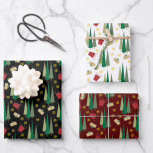 Retro Stijl Kerstboom en Giftpatroon Inpakpapier Vel