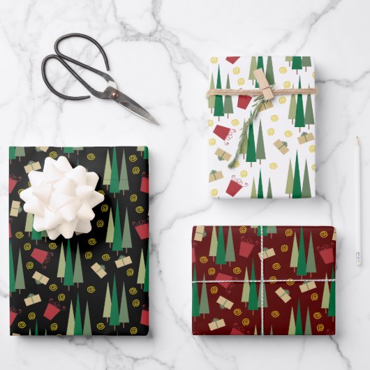 Retro Stijl Kerstboom en Giftpatroon Inpakpapier Vel (Voorkant)