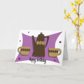 Retro stijl koffie thema Verjaardag Kaart (Paarse) (Gele Bloem)