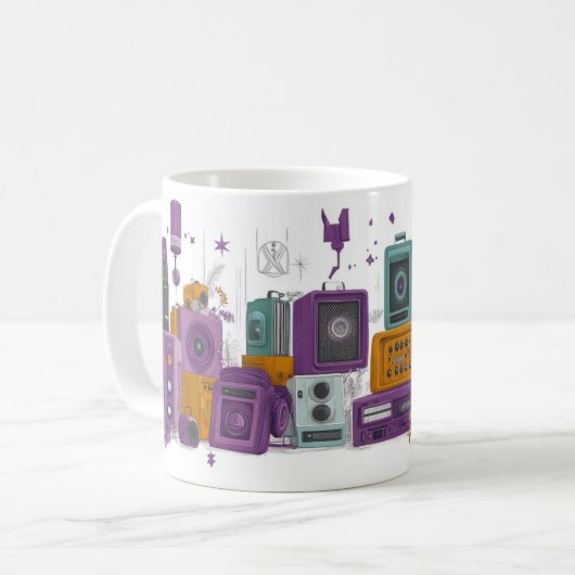 Retro-stijl luidsprekers omringd door rozen koffiemok (Voorkant links)