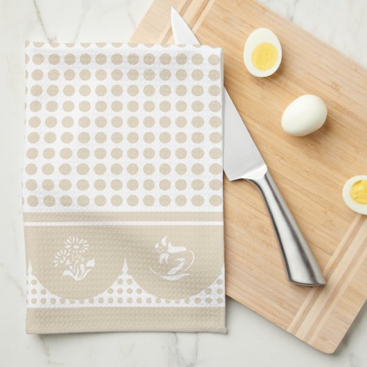 Retro stijl natuurlijke tan polka dot scallop theedoek (Quarter Fold)