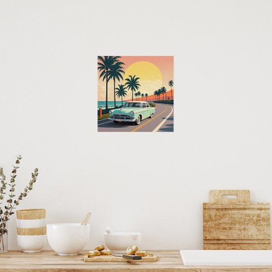 Retro-stijl oldtimer op een kustweg poster (Keuken)