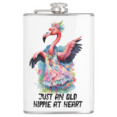 Retro stijl oude hippie in hart dansen flamingo heupfles (Voorkant)