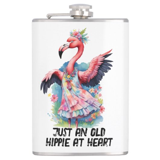 Retro Stijl Ouwe Hippie van Hart Dansende Flamingo Heupfles (Voorkant)
