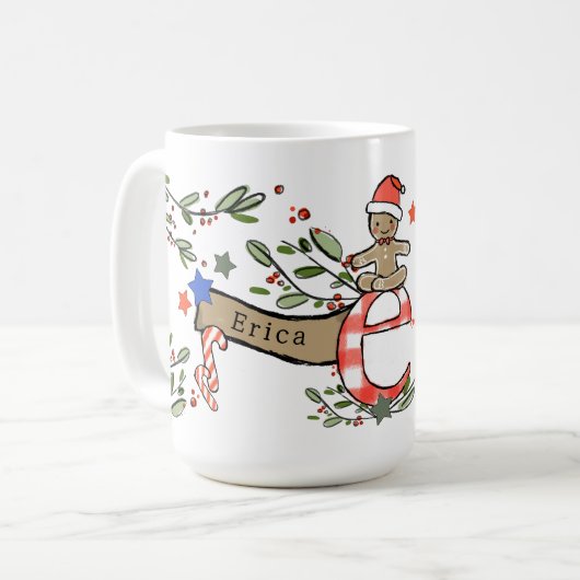 Retro stijl Schattige kerstmonogram E met naam Koffiemok (Voorkant links)