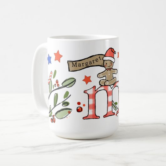 Retro stijl Schattige kerstmonogram M met naam Koffiemok (Voorkant links)