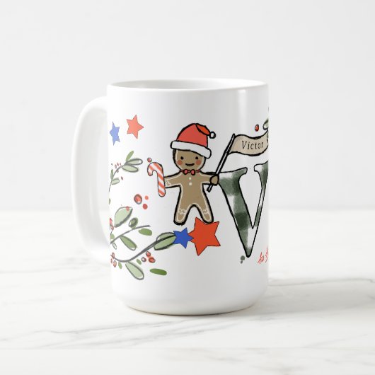 Retro stijl Schattige kerstmonogram V met naam Koffiemok (Voorkant links)