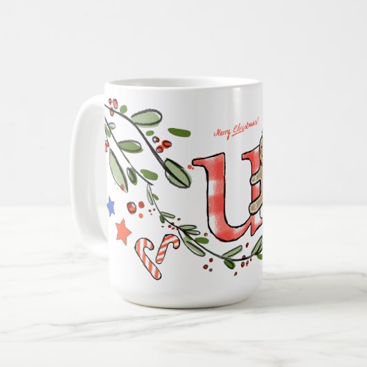 Retro stijl Schattigee kerst monogram U met naam Koffiemok (Voorkant links)