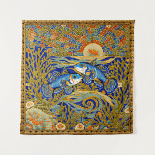 Retro Stijl Tapijt Blauwe Mandarijnvis Wandkleed