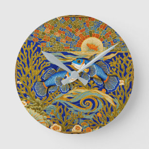 Retro Stijl Tapijt Blauwe Mandarin Vis Ronde Klok