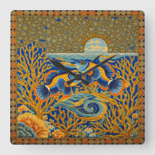 Retro Stijl Tapijt Oranje Mandarijn Vis Vierkante Klok
