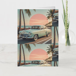 Retro-stijl vintage auto op een kustweg folie wenskaart