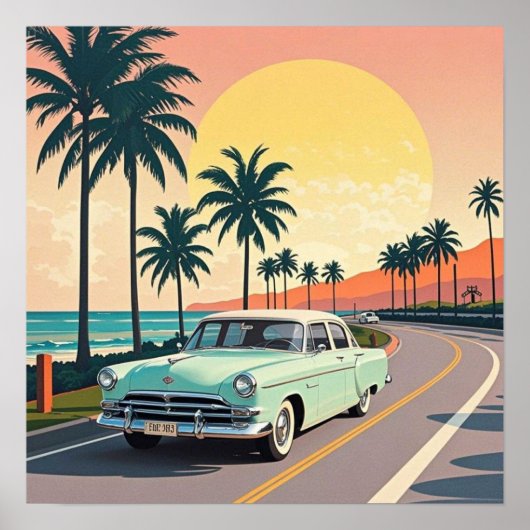 Retro-stijl vintage auto op een kustweg poster (Voorkant)