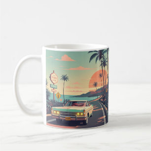 Retro-stijl vintage auto op het strand voorweg koffiemok