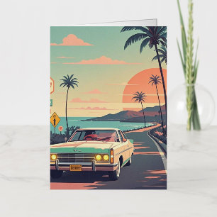 Retro-stijl vintage auto op strandweg folie wenskaart
