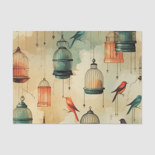 Retro  Stijl Vogelkooien en Vogeldecoupage Tissuepapier (Voorkant)
