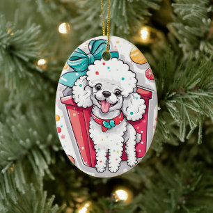 Retro stijl witte poedel kerst keramisch ornament