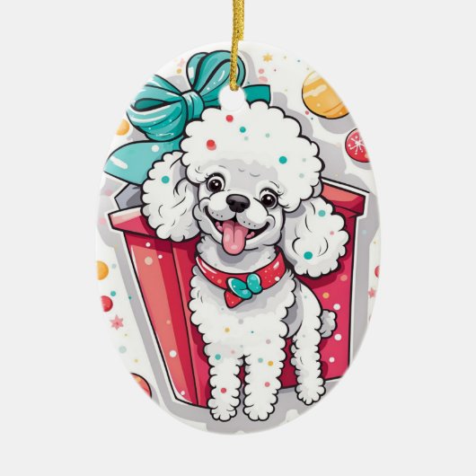 Retro stijl witte poedel kerst keramisch ornament (Voorkant)