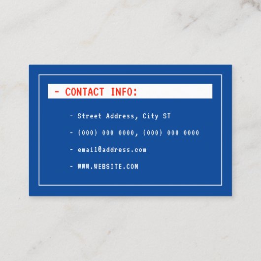 Retro-stijlblauwe computerinterface visitekaartje (Achterkant)