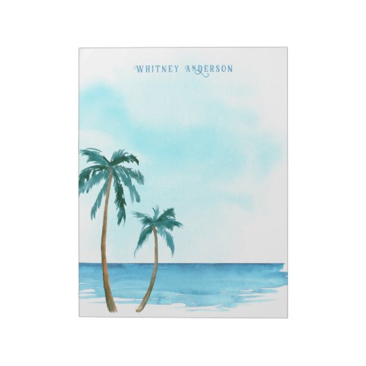 Retro Stijlvolle Blauwe en Witte Tropische Palmboo Notitieblok (Linkerzijde)