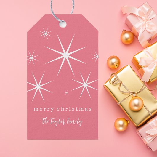 Retro Stijlvolle Blush Roze & Wit Kerst Cadeaulabel