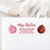 Retro stijlvolle disco ballen rood script kerst etiket (Insitu)