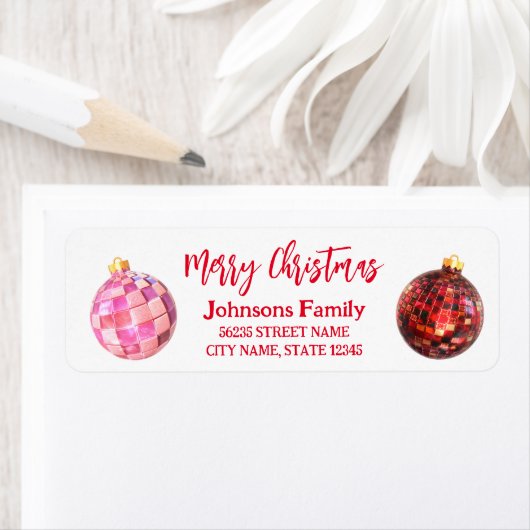 Retro stijlvolle disco ballen rood script kerst etiket (Insitu)