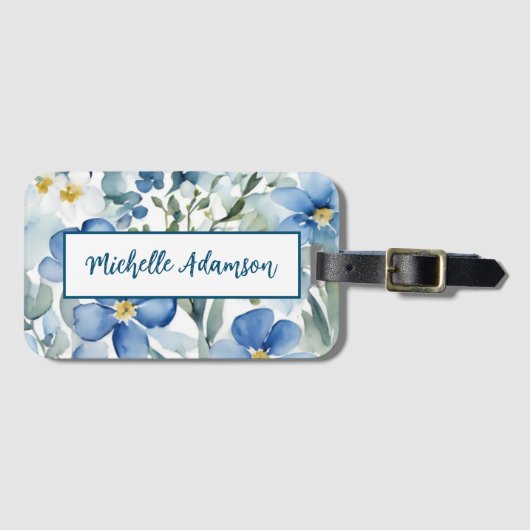 Retro Stijlvolle Elegante Blauwe Witte Bloemen Bagagelabel (Voorkant (horizontaal))