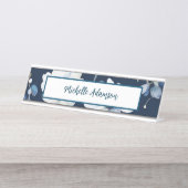 Retro Stijlvolle Elegante Blauwe Witte Bloemen Bureau Naambordje (Voorkant)