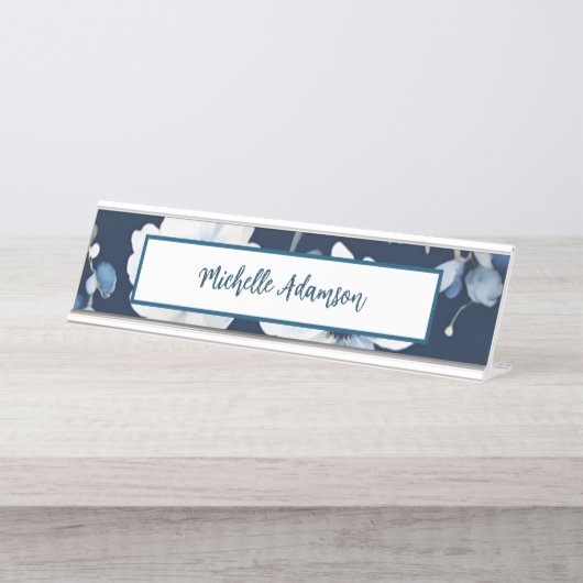 Retro Stijlvolle Elegante Blauwe Witte Bloemen Bureau Naambordje (Voorkant)