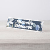 Retro Stijlvolle Elegante Blauwe Witte Bloemen Bureau Naambordje (Voorkant)