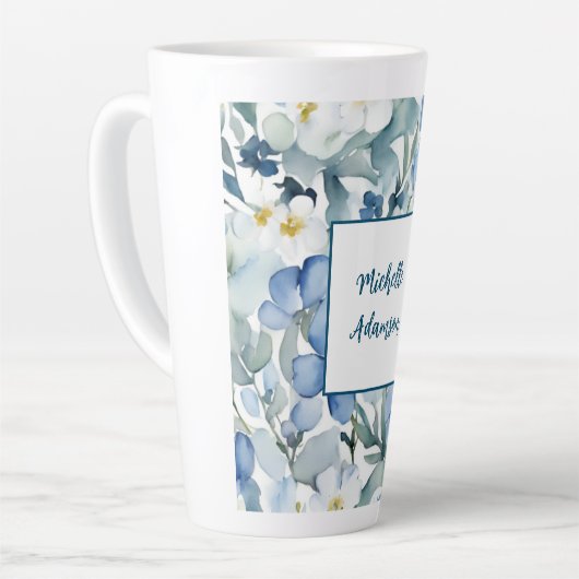 Retro Stijlvolle Elegante Blauwe Witte Bloemen Latte Mok (Linkerhoek)